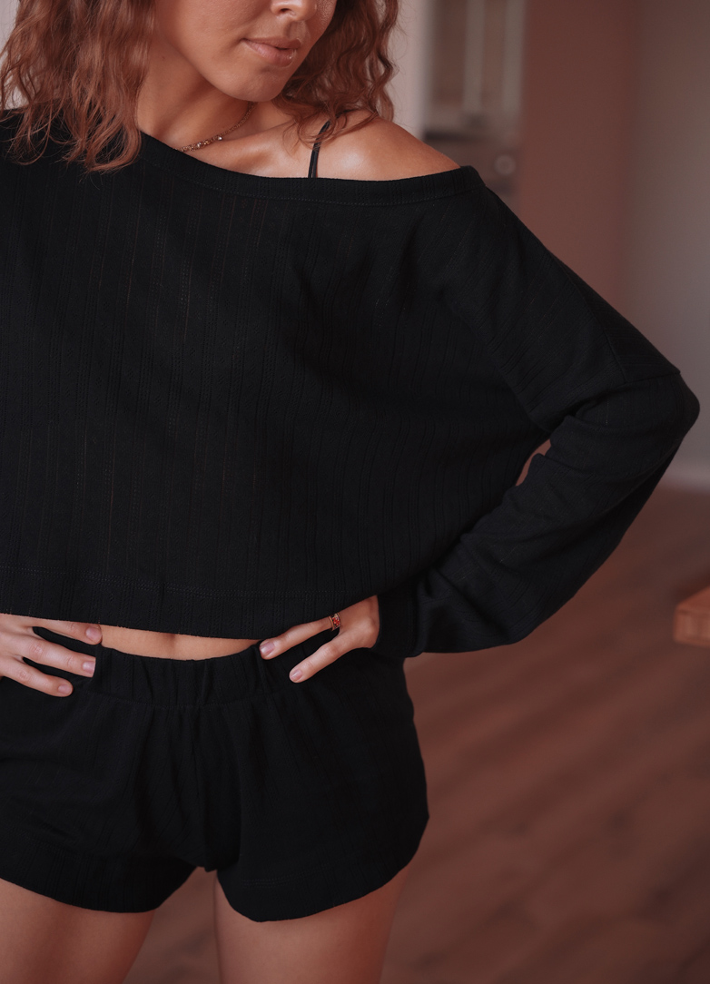 Set: Asymmetrical Long Sleeve Top and Shorts in Black